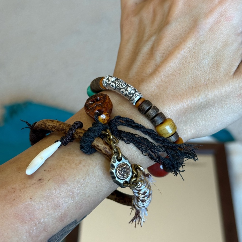 Set of 2: Tibetan Vine, Agarwood Ox Bone Charm Bracelet Set